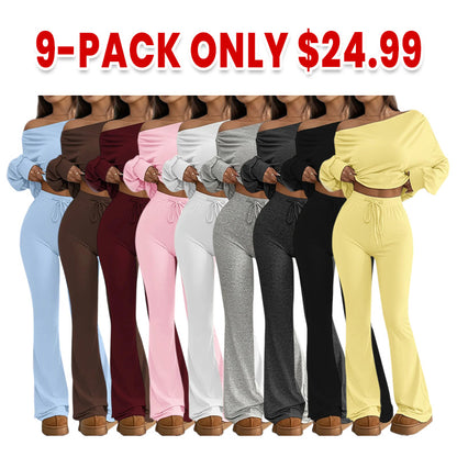 One-Shoulder Long Sleeve Loose Crop Top and High Waist Drawstring Fitted Vintage Bell Pants
