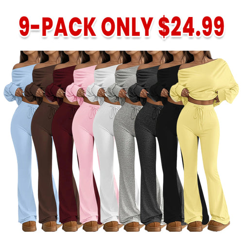 One-Shoulder Long Sleeve Loose Crop Top and High Waist Drawstring Fitted Vintage Bell Pants