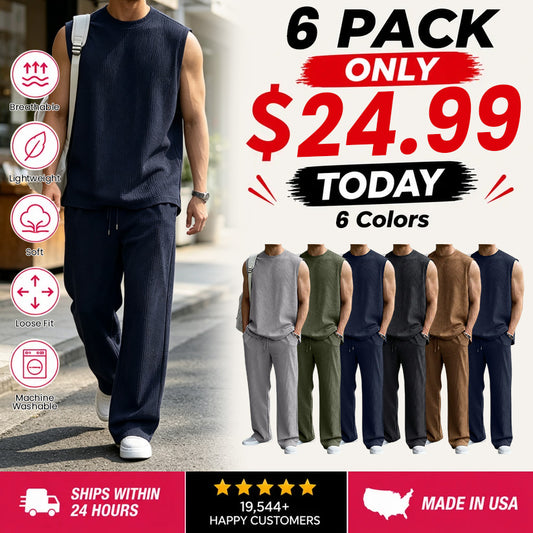 Mens 2 Piece Rib Knit Sweatsuit Summer Sleeveless Tank Top Baggy Wide Leg Pants Set