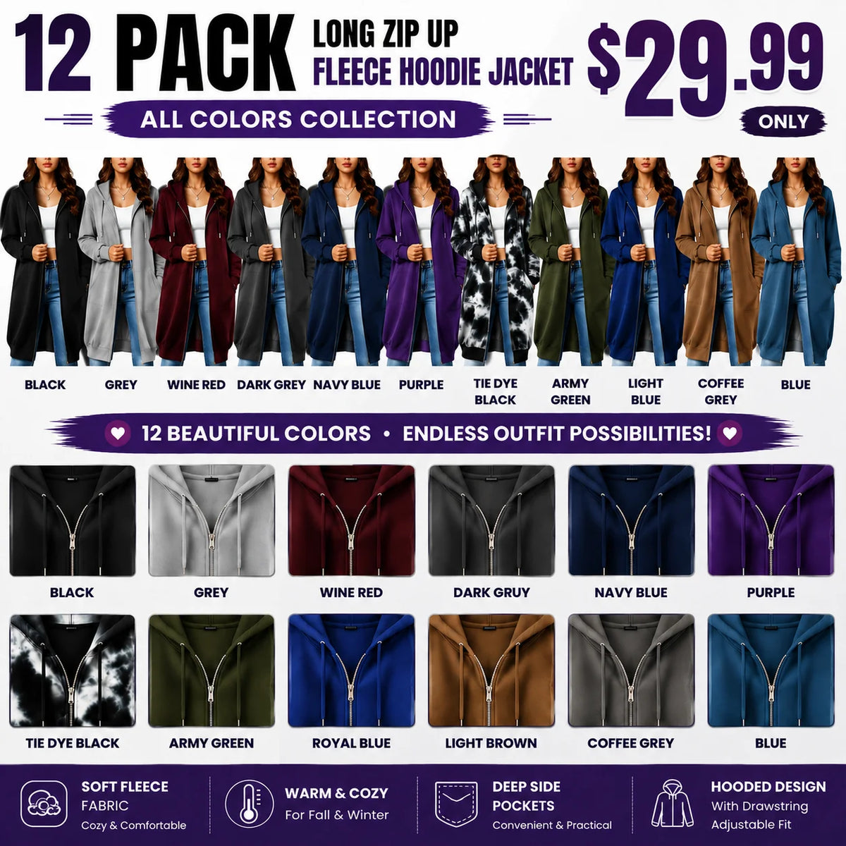 Women's Long Zip Up Fleece Hoodie Jacket