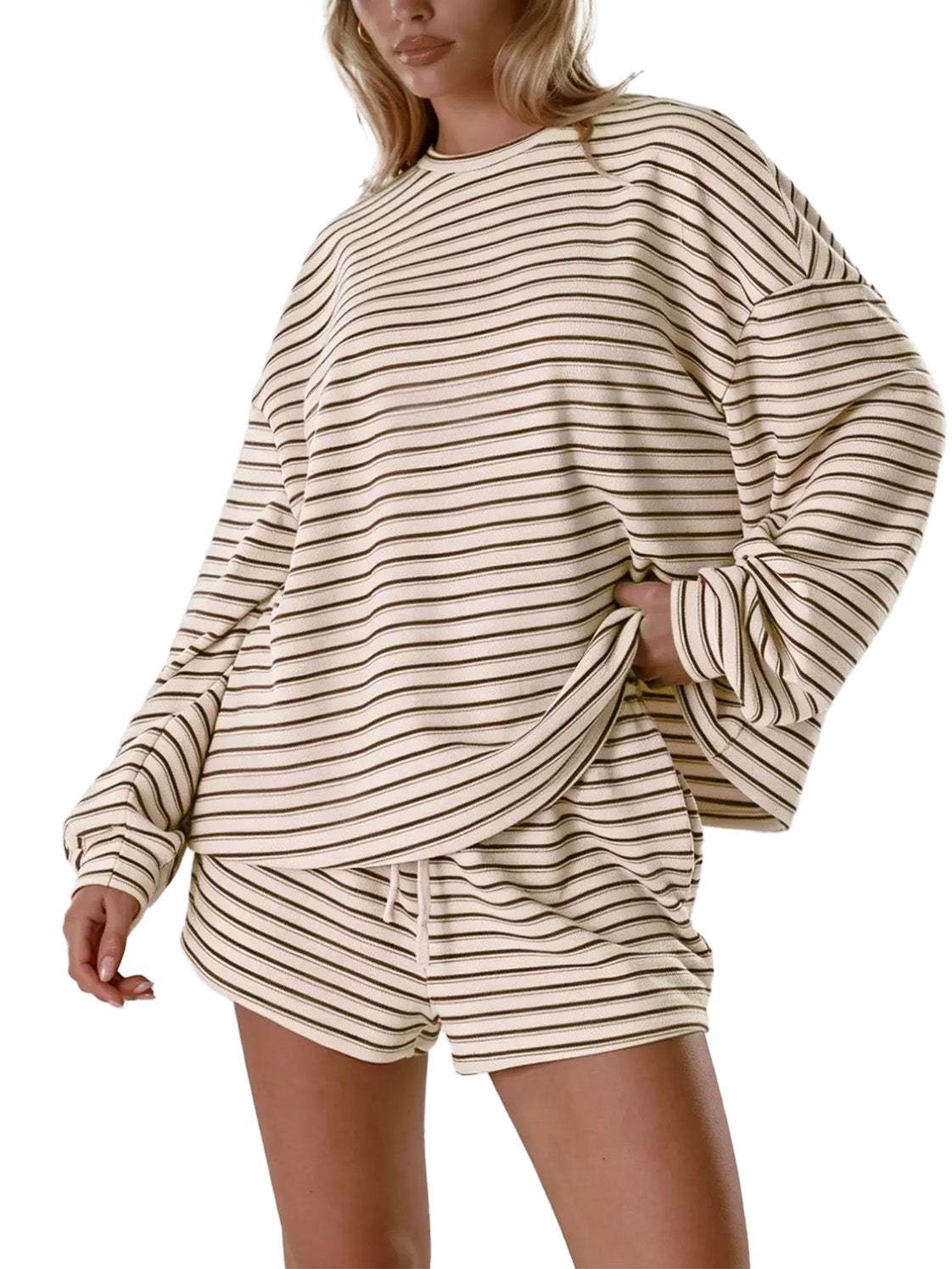 Striped 2‑Piece Outfit & Oversized Long‑Sleeve Top & Pocket Shorts