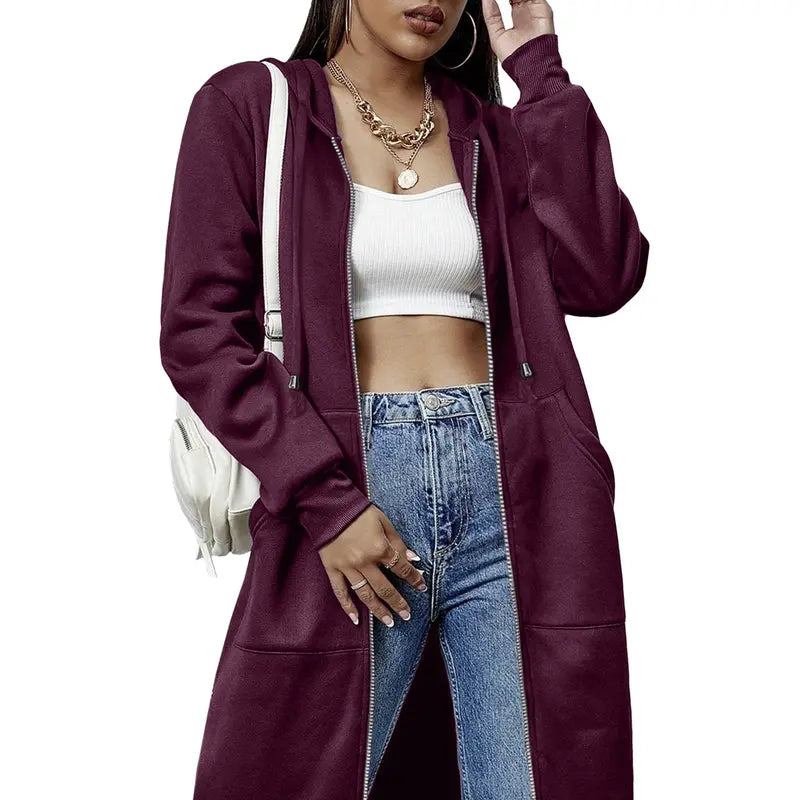 Women's Long Zip Up Fleece Hoodie Jacket