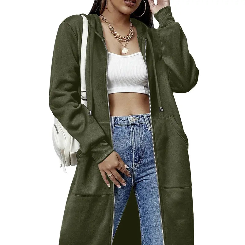 Women's Long Zip Up Fleece Hoodie Jacket