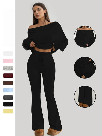 One-Shoulder Long Sleeve Loose Crop Top and High Waist Drawstring Fitted Vintage Bell Pants