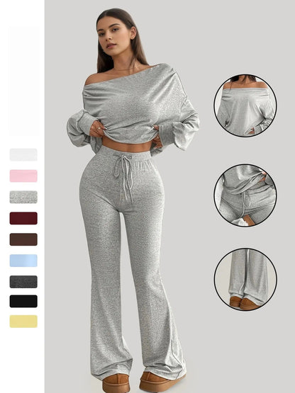 One-Shoulder Long Sleeve Loose Crop Top and High Waist Drawstring Fitted Vintage Bell Pants