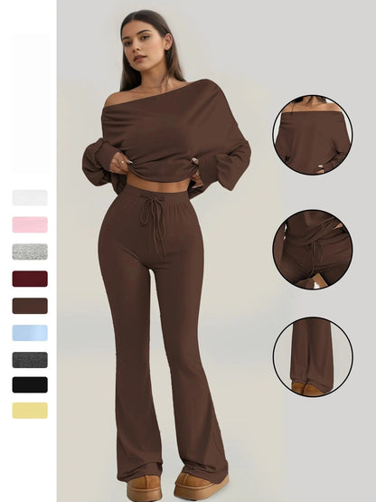 One-Shoulder Long Sleeve Loose Crop Top and High Waist Drawstring Fitted Vintage Bell Pants