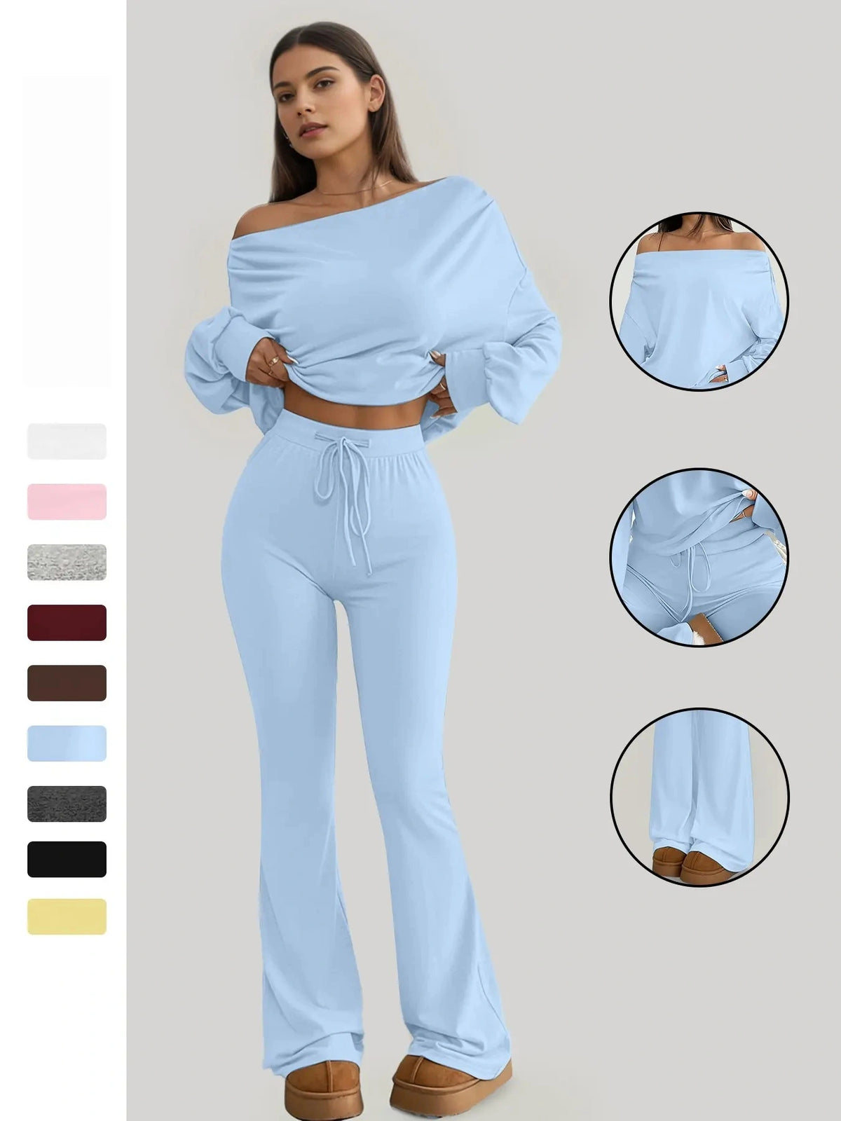 One-Shoulder Long Sleeve Loose Crop Top and High Waist Drawstring Fitted Vintage Bell Pants