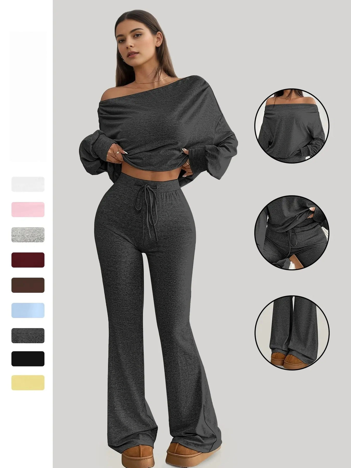 One-Shoulder Long Sleeve Loose Crop Top and High Waist Drawstring Fitted Vintage Bell Pants