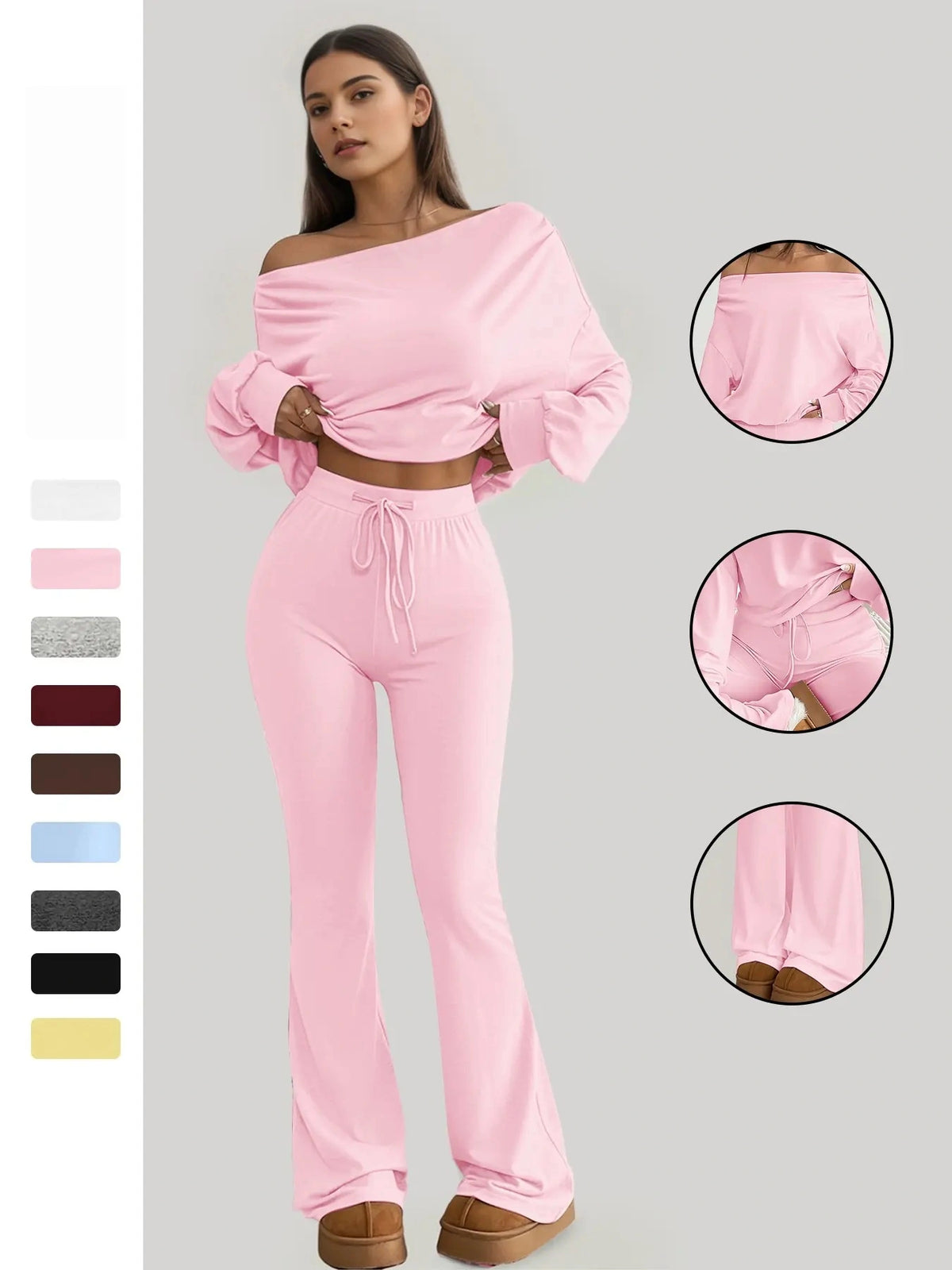 One-Shoulder Long Sleeve Loose Crop Top and High Waist Drawstring Fitted Vintage Bell Pants