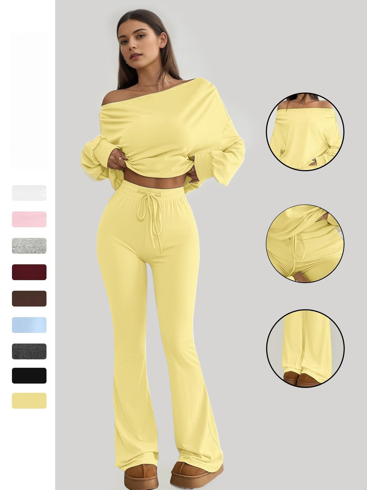 One-Shoulder Long Sleeve Loose Crop Top and High Waist Drawstring Fitted Vintage Bell Pants
