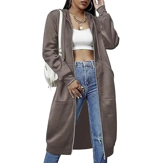 Women's Long Zip Up Fleece Hoodie Jacket