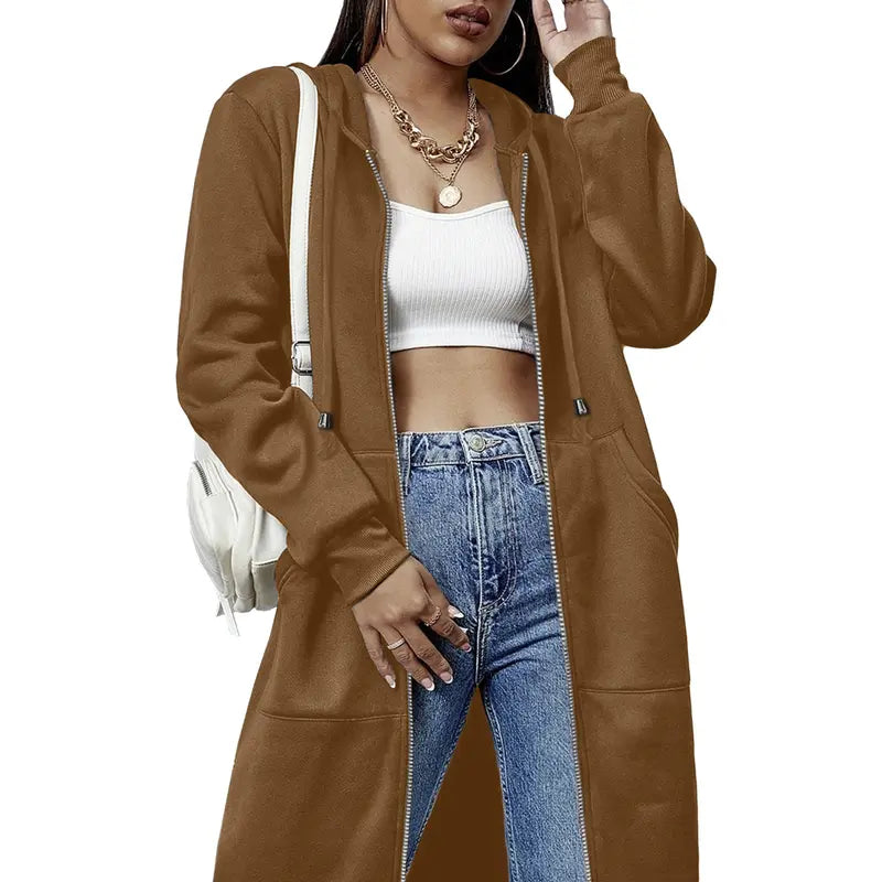 Women's Long Zip Up Fleece Hoodie Jacket