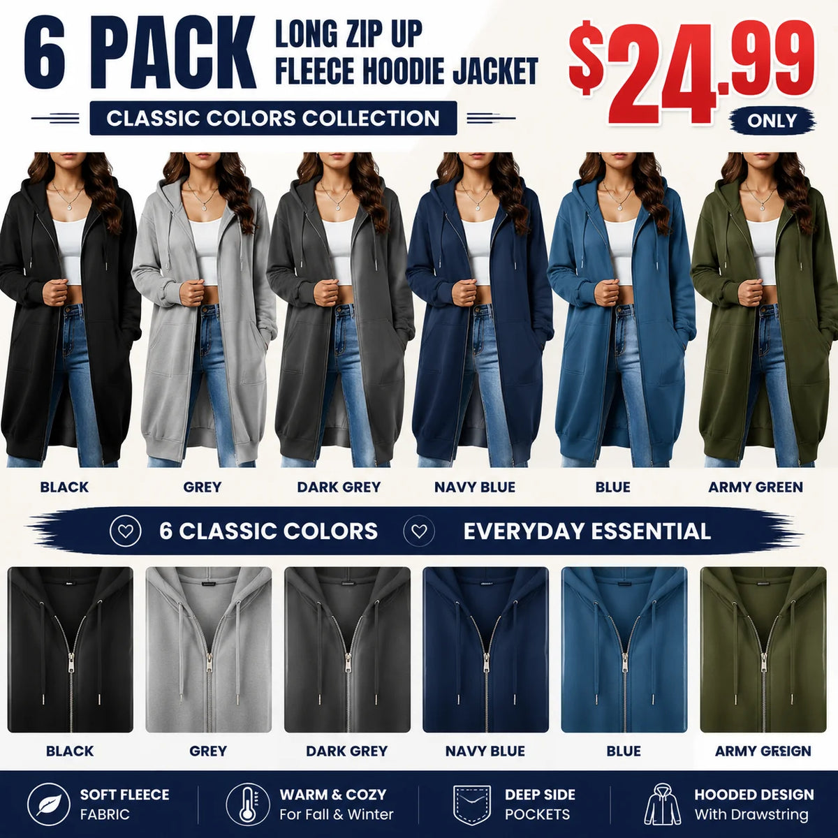 Women's Long Zip Up Fleece Hoodie Jacket